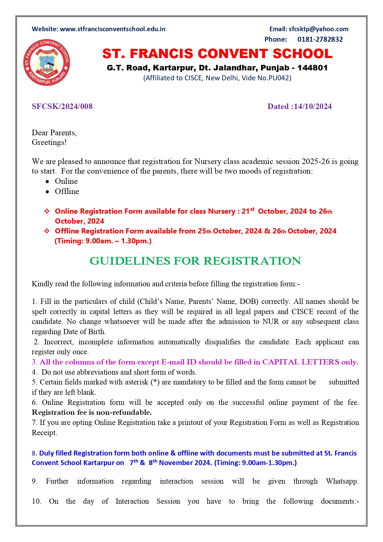 Admission Guidelines Nursery 2025-26 